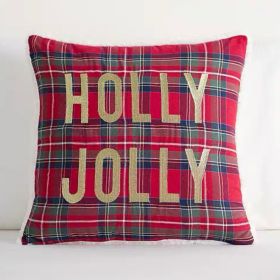 Christmas Gift Style Pillow Embroidered Affixed Cloth Embroidered Cushion (Option: Red Plaid Holly Pillow-Default Item)