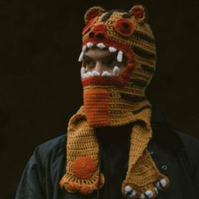 New Knitted Hand Crocheting Leopard Balaclava Autumn And Winter Windproof Pullover Mask One-piece Hat (Option: Orange-57 59cm Adult)